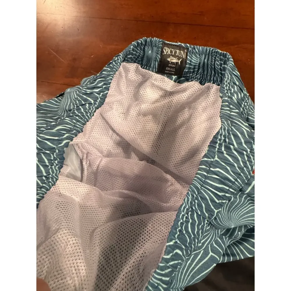 Spicy Tuna Lined Drawstring Swim Trunks Men Small Black Green Board Shorts NWT